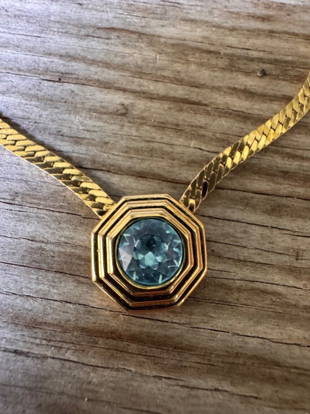 Christian Dior Gold Tone Blue Crystal Necklace Octagon Pendant 15-17” Vintage - Picture 2 of 8